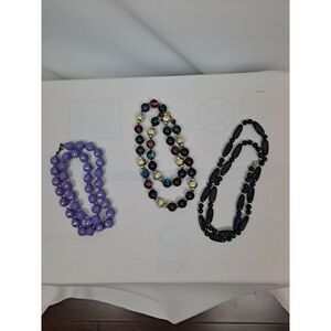 3 Ladies Beaded Necklaces.  Black, Purple And Multicolor.